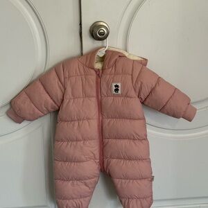 Baby Pink Hooded Puffer One-Piece Snowsuit